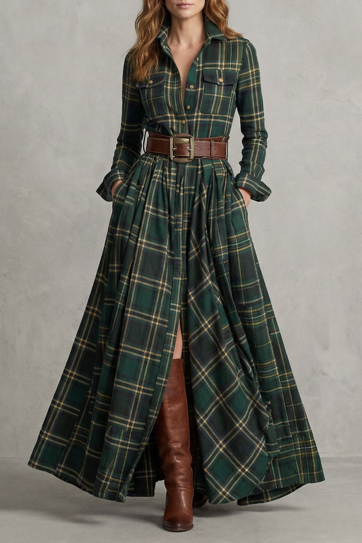 Velerine – Hoogland Charme – Geruit Maxi Overhemdjurk met Ceintuur