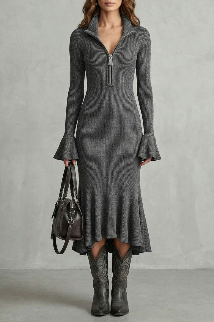 Veloria – Elegante Midi-jurk met Uitlopende Mouwen en Rits