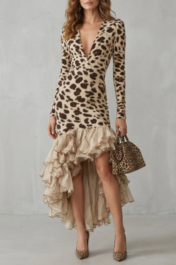 Lioraé – Midi-jurk met Luipaardprint en Rimpelrand