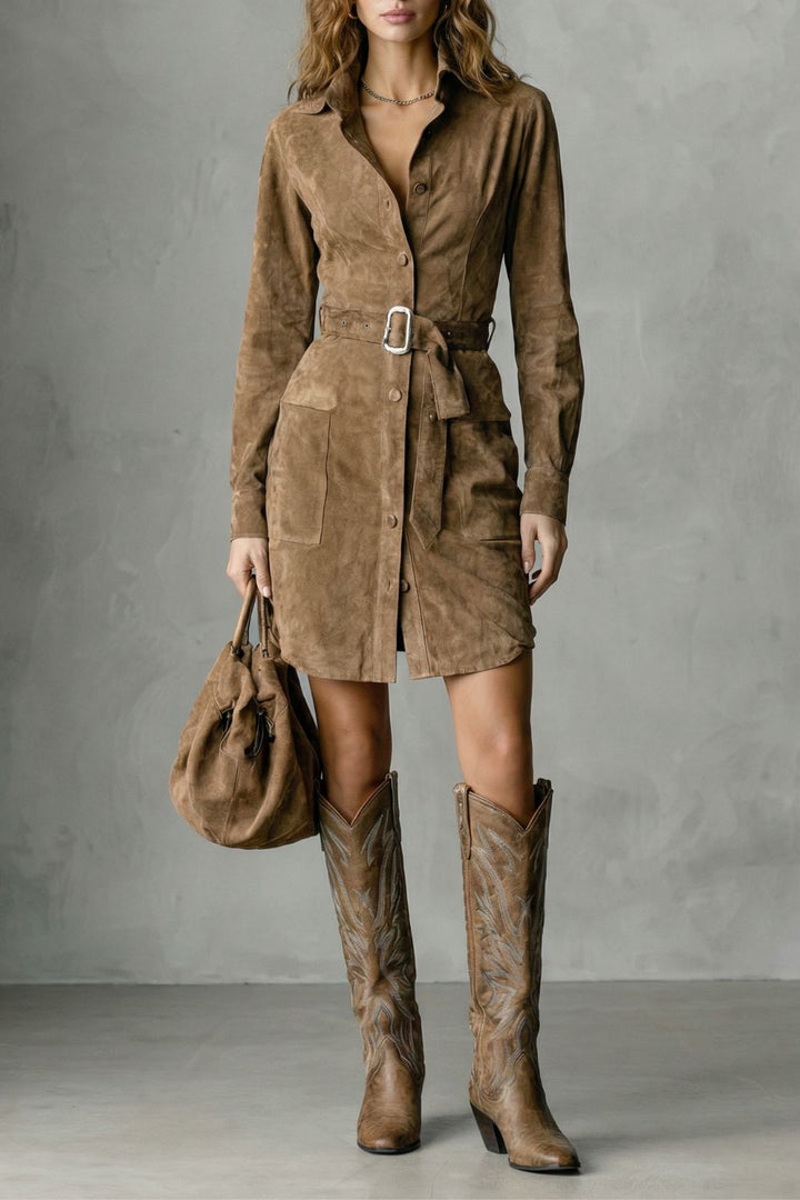 Vellessa – Elegante Suède Midi-jurk met Gekleed Silhouet