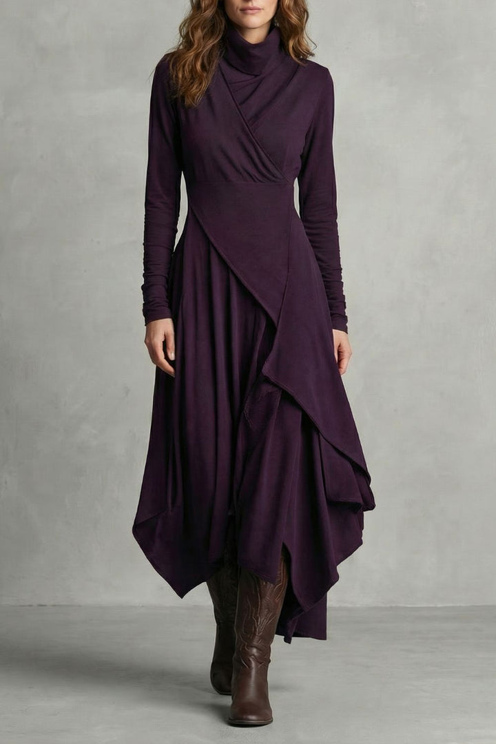 Sorellia – Asymmetrische Drapage – Hoge Hals Midi-Jurk