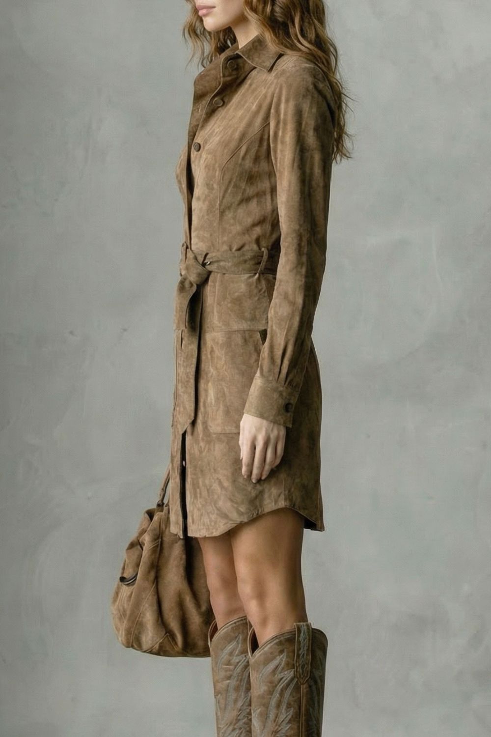 Vellessa – Elegante Suède Midi-jurk met Gekleed Silhouet