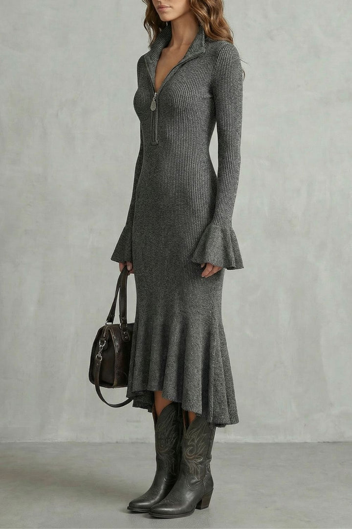 Veloria – Elegante Midi-jurk met Uitlopende Mouwen en Rits