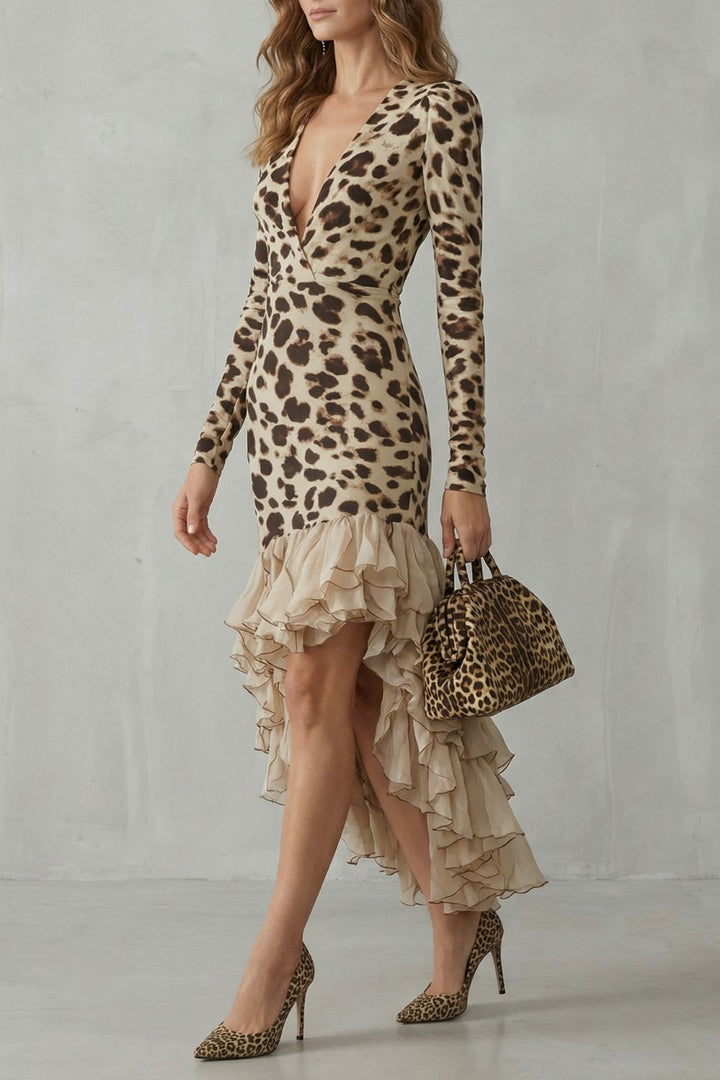 Lioraé – Midi-jurk met Luipaardprint en Rimpelrand