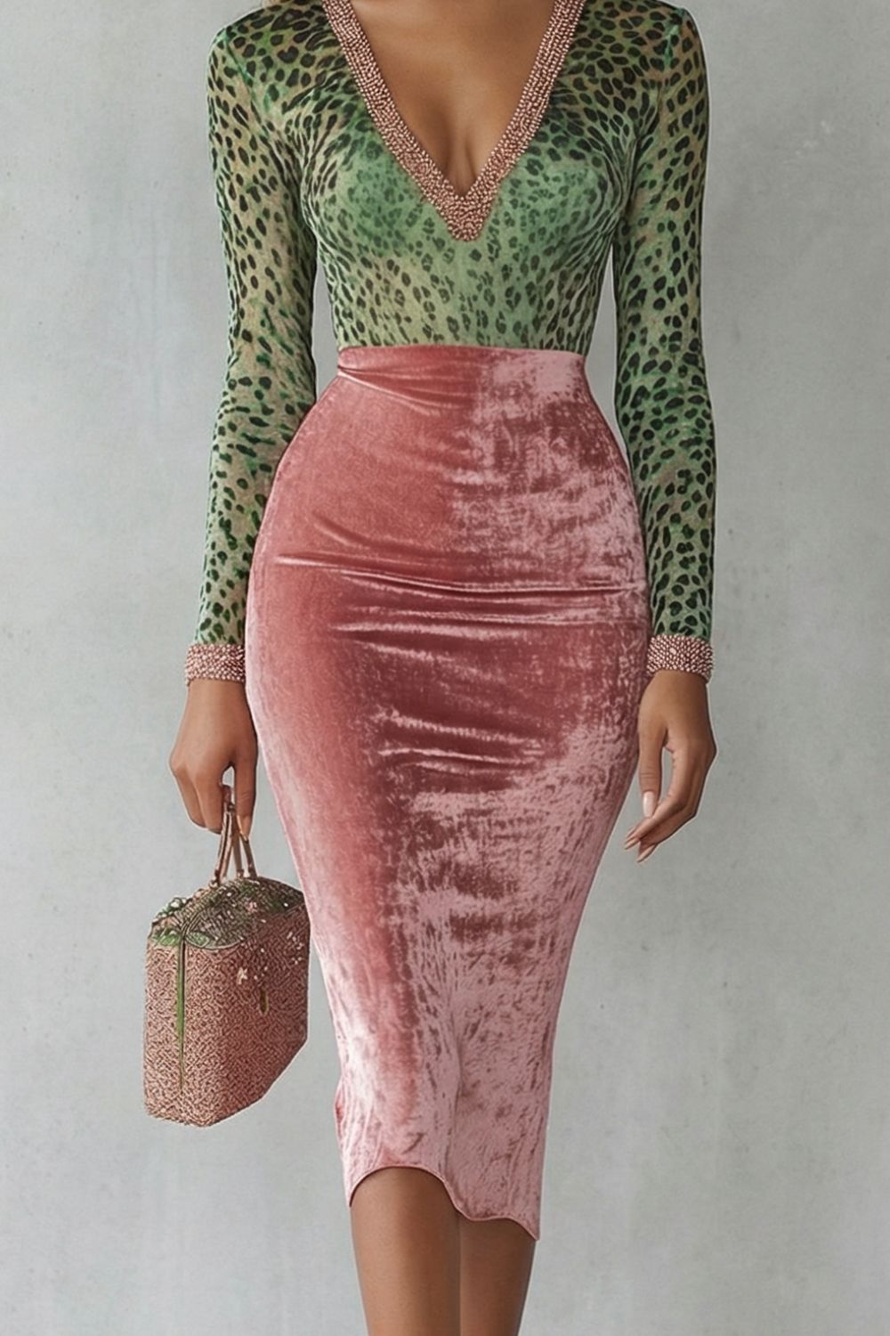 Virelline – Contrasterende Luipaardprint Fluwelen Bodycon Midi-jurk