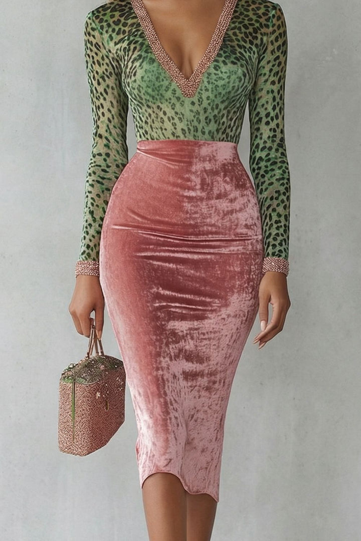 Virelline – Contrasterende Luipaardprint Fluwelen Bodycon Midi-jurk