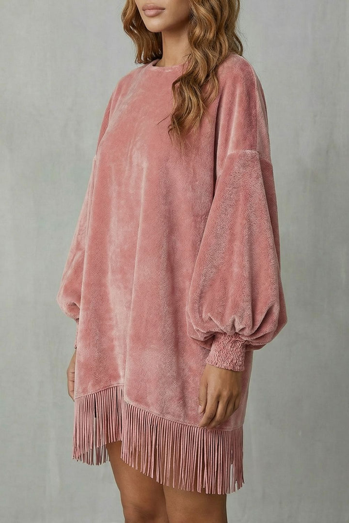 Bellurie – Mini-jurk met Volumineuze Mouwen en Franje