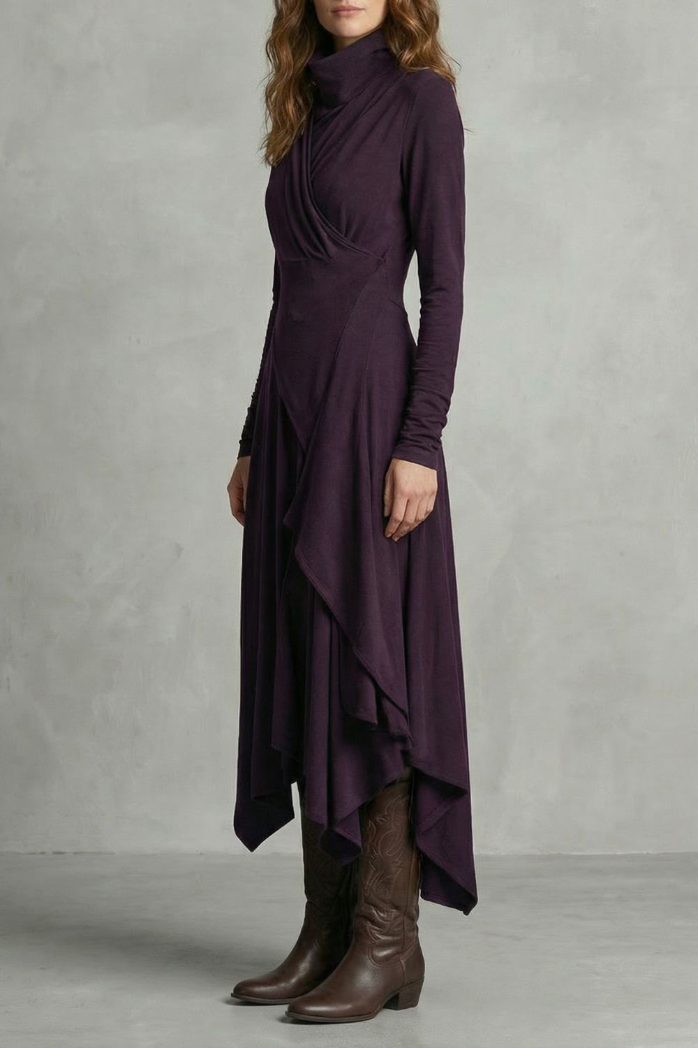 Sorellia – Asymmetrische Drapage – Hoge Hals Midi-Jurk