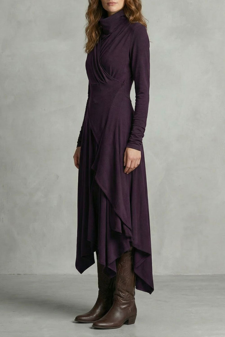 Sorellia – Asymmetrische Drapage – Hoge Hals Midi-Jurk