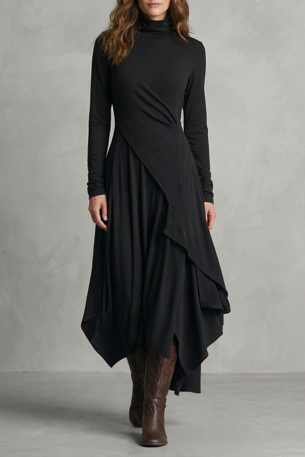 Sorellia – Asymmetrische Drapage – Hoge Hals Midi-Jurk