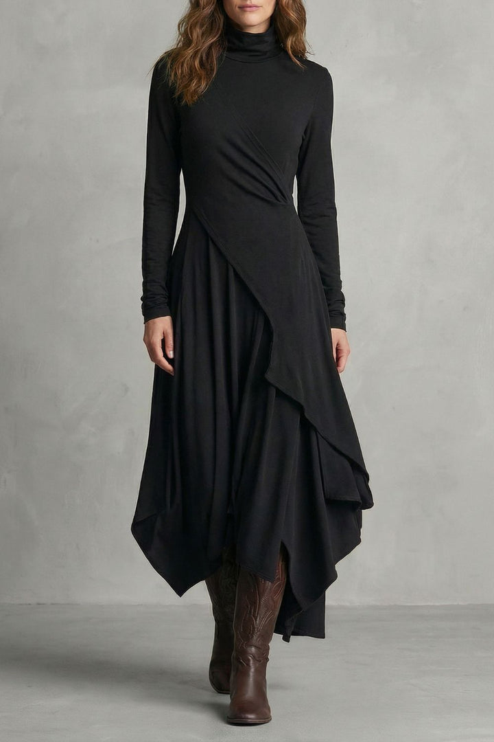 Sorellia – Asymmetrische Drapage – Hoge Hals Midi-Jurk