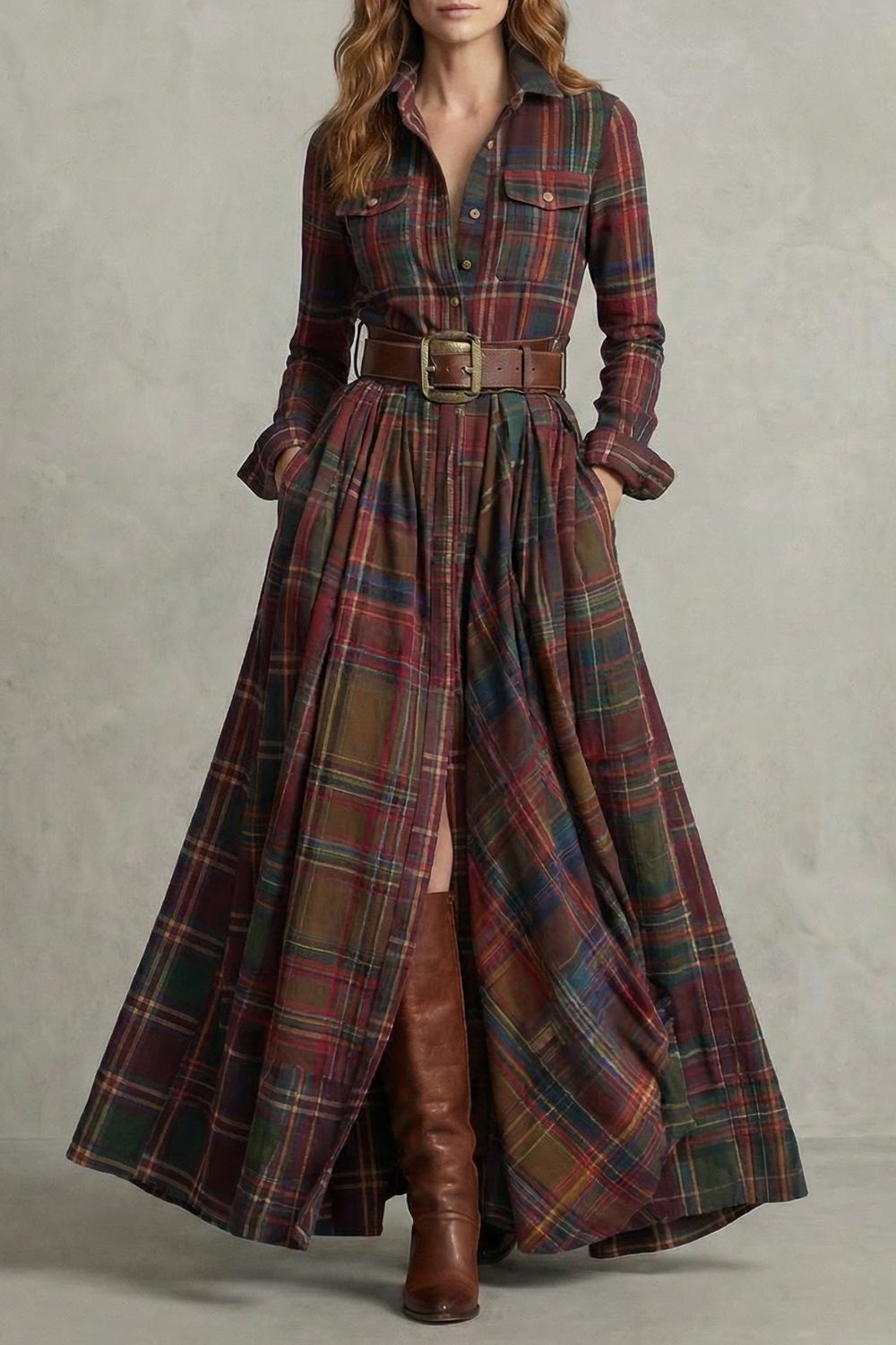 Velerine – Hoogland Charme – Geruit Maxi Overhemdjurk met Ceintuur