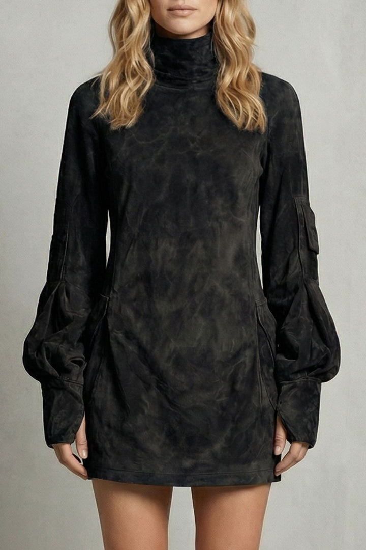 Marcella – Hoge Hals Silhouet – Mini Jurk met Suède-effect