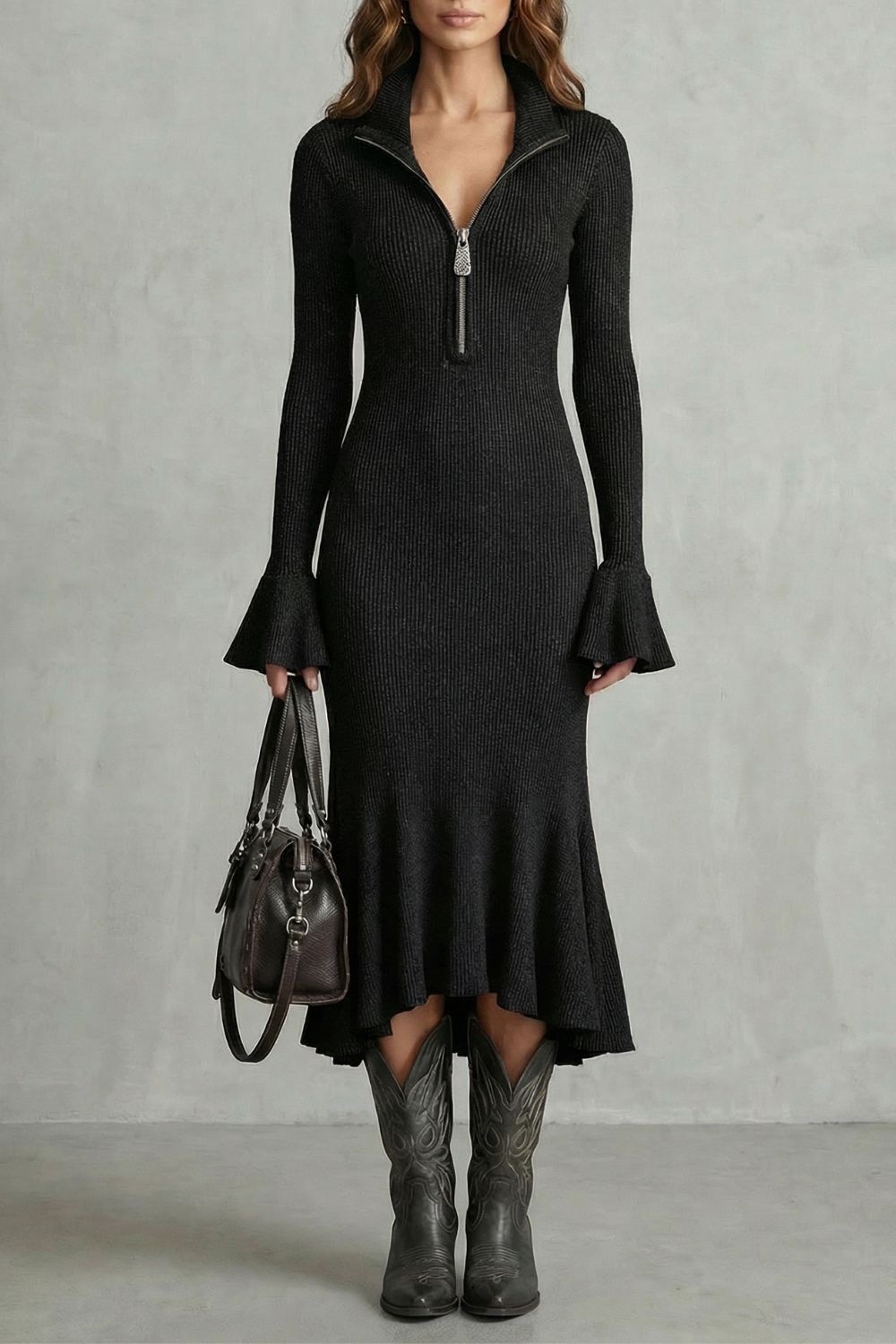 Veloria – Elegante Midi-jurk met Uitlopende Mouwen en Rits