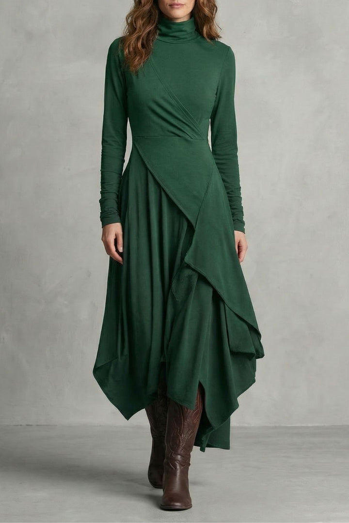 Sorellia – Asymmetrische Drapage – Hoge Hals Midi-Jurk