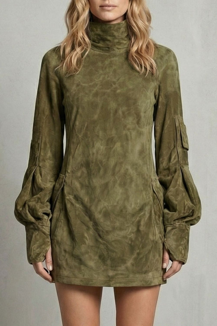 Marcella – Hoge Hals Silhouet – Mini Jurk met Suède-effect