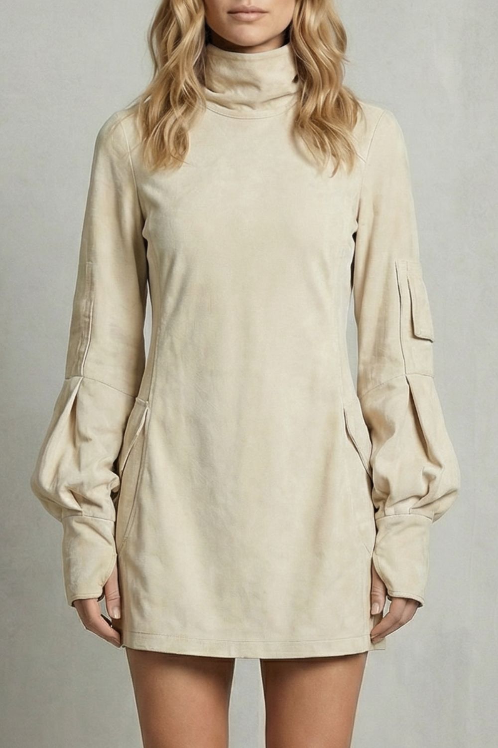 Marcella – Hoge Hals Silhouet – Mini Jurk met Suède-effect