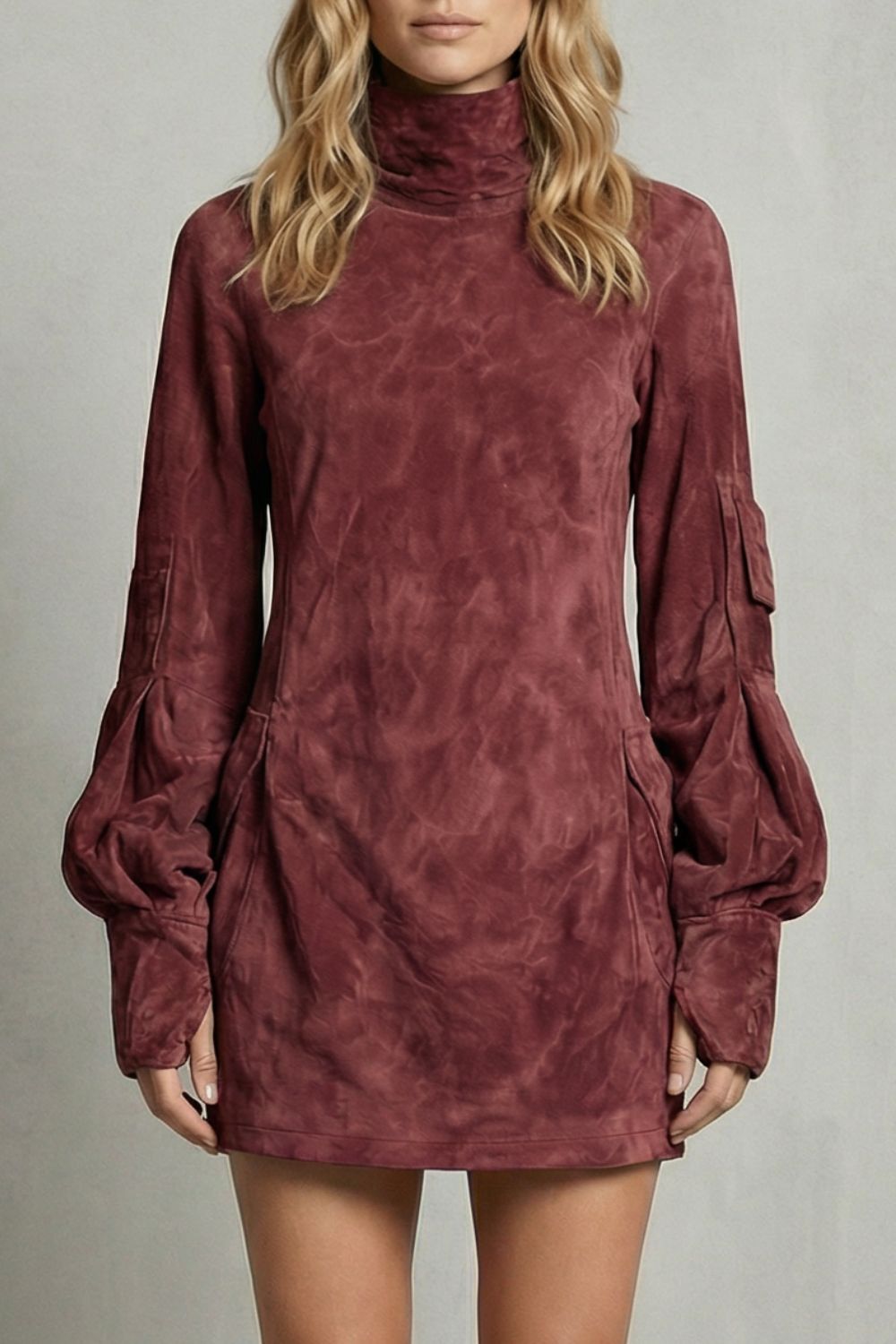 Marcella – Hoge Hals Silhouet – Mini Jurk met Suède-effect